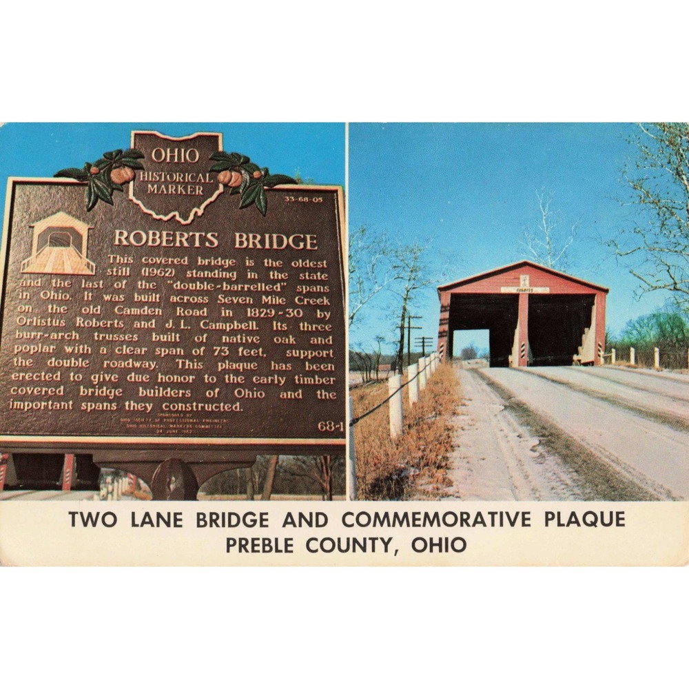 Vintage Roberts Bridge Postcard Ohio Double Barreled Covered Bridge Preble Co